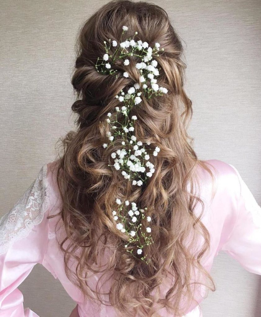 9 curly bridal half updo for long hair 841x1024 - Evergreen Vintage Makeup and Hair Trends